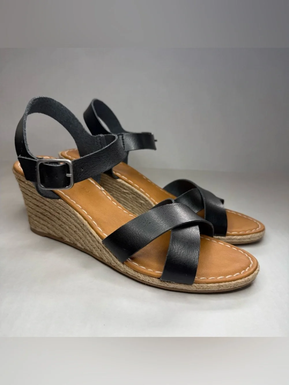 Ankle Strap Espadrille Wedge Sandals Black Tan Size 9 - Picture 2 of 14